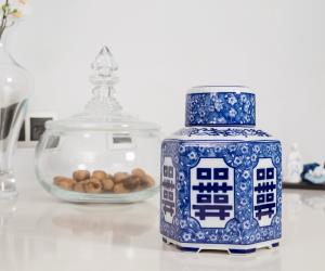 Porcelana - Pote Hexagonal - Azul Cobalto